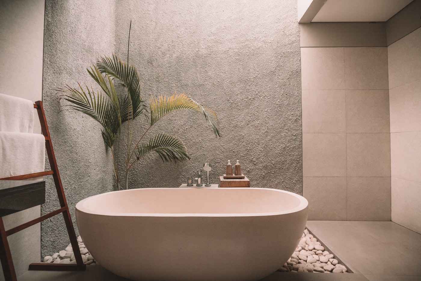 Woollahra ensuite with a white freestanding ceramic bathtub.