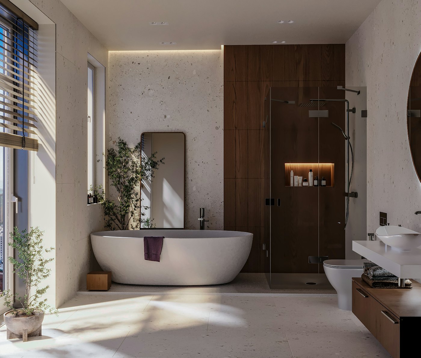 Balmain bathroom with a bath, basin and a large window bringing in daylight.