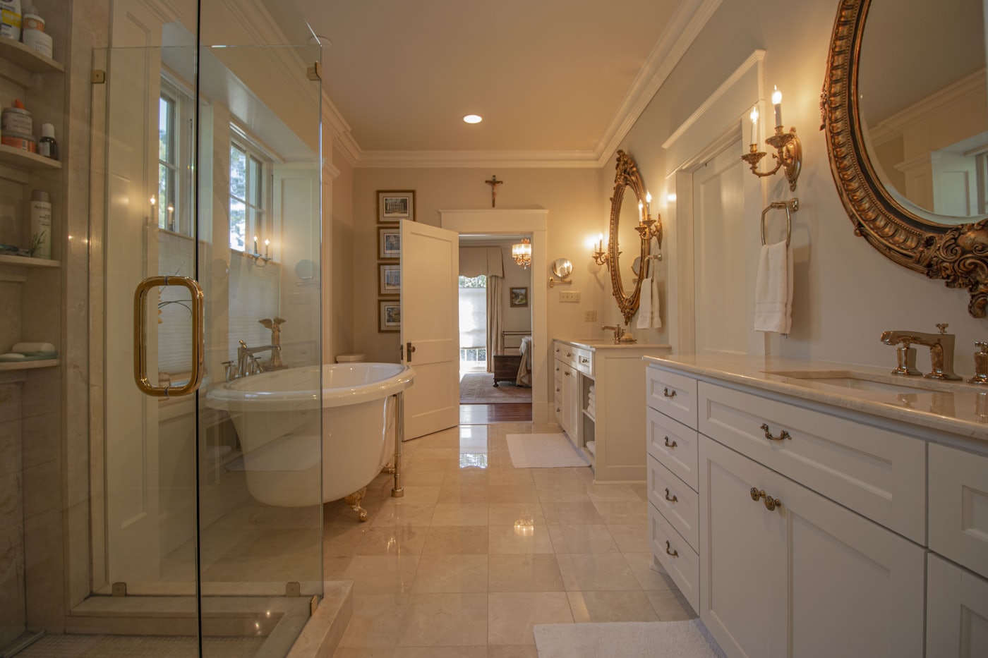 Mosman guest bathroom with a timber vanity beside a glass shower stall.