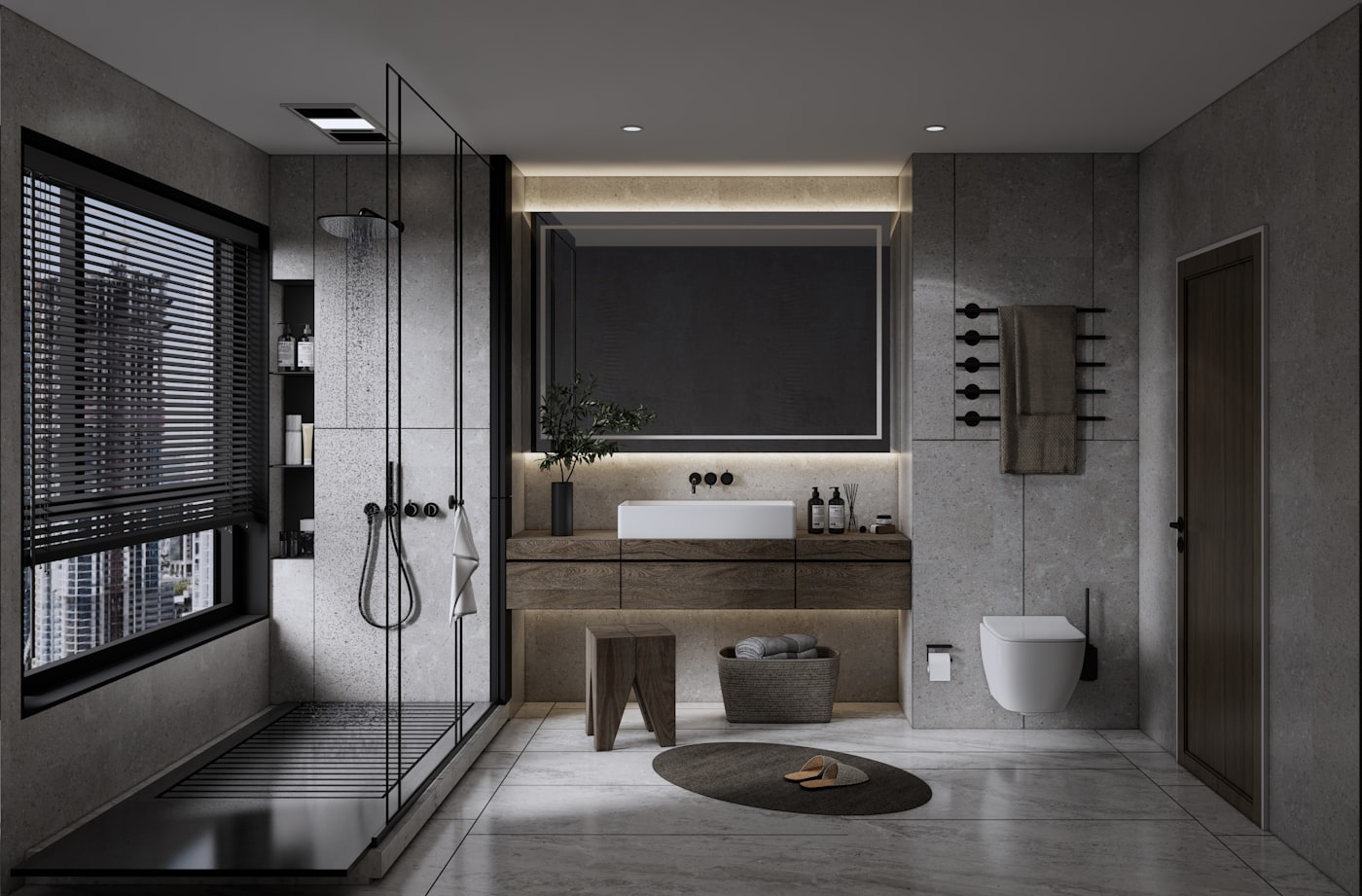 Annandale bathroom with a frameless glass shower and large-format tiling.