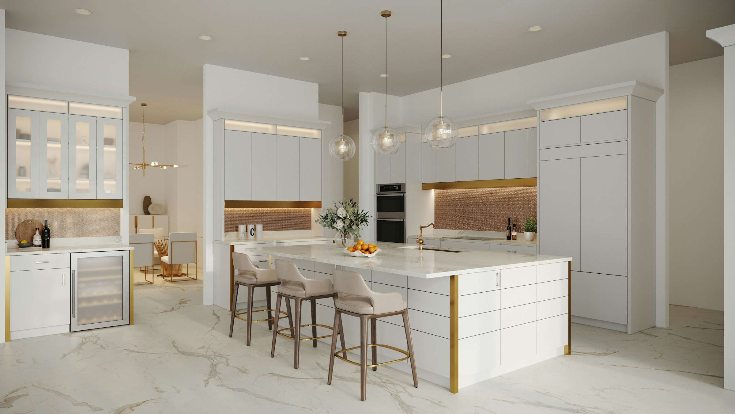 Woollahra kitchen: a white shaker island with brass trim, three glass pendant lights, marble floor and benchtop, and three upholstered stools.