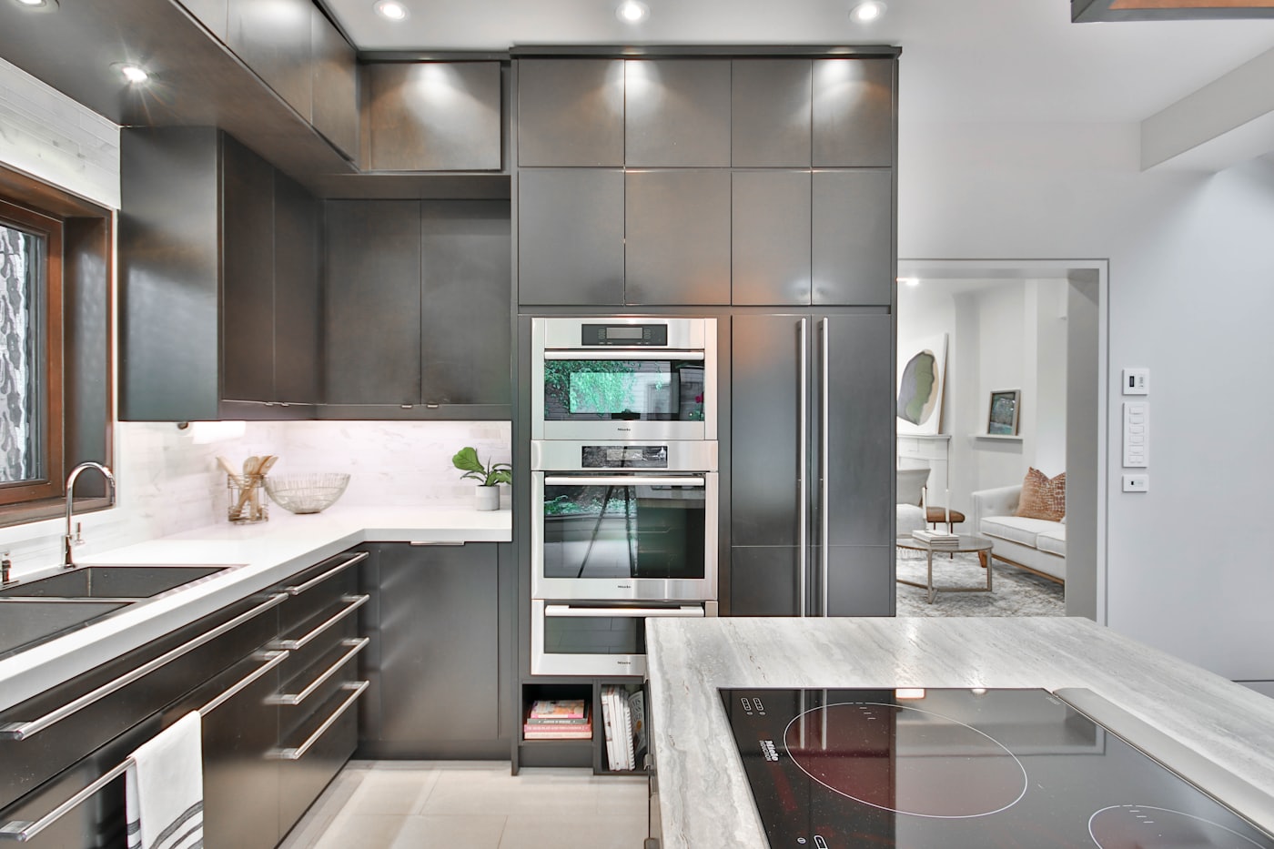 Hunters Hill kitchen with stainless steel appliances, honed marble benchtops and a long island.