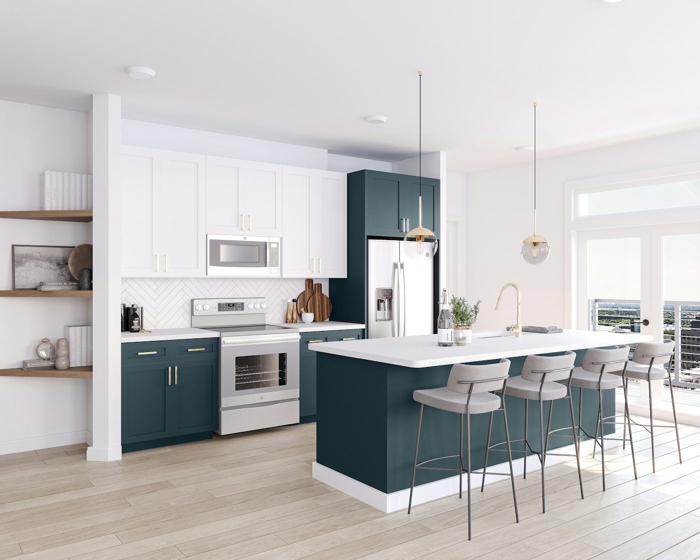 Large Randwick kitchen with a centre island and upholstered bar stools.